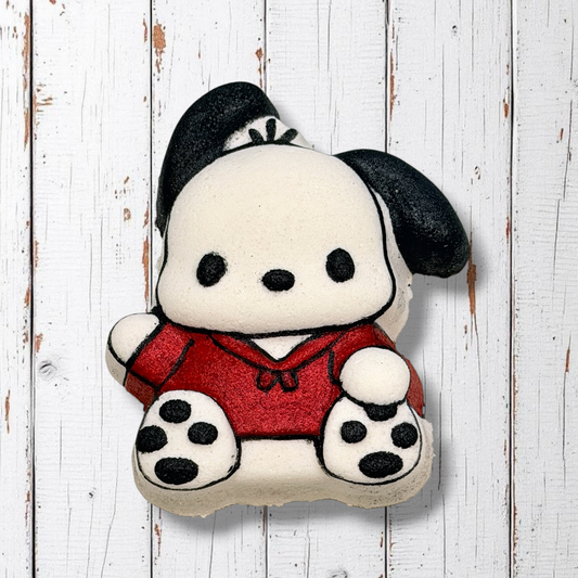 white dog with black floppy ears bath bomb