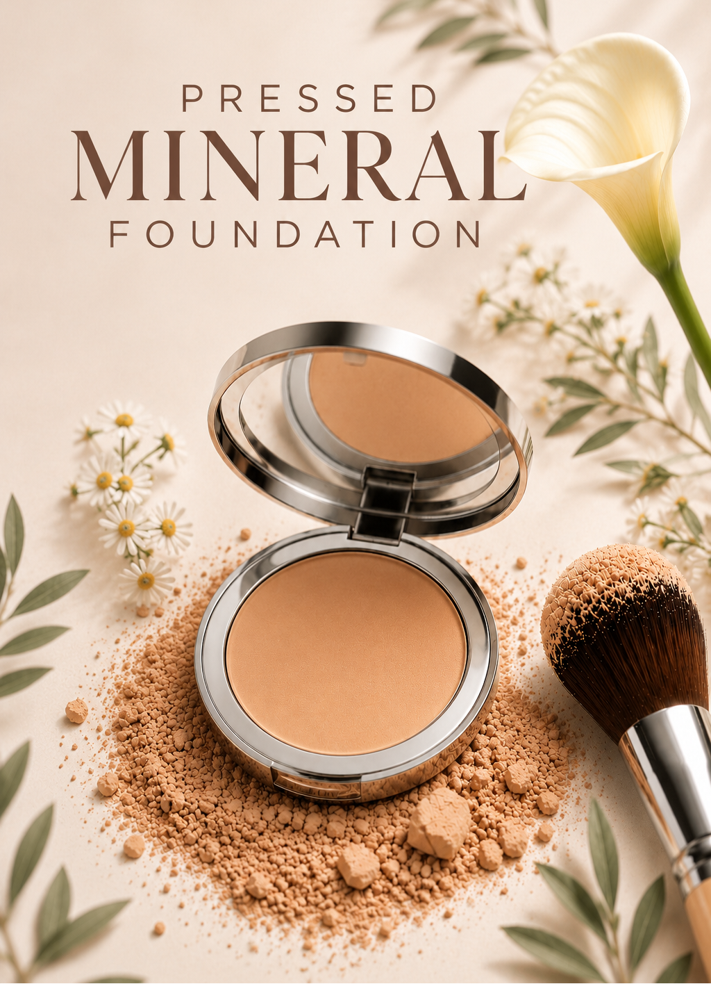 Pressed mineral foundation with a brush and flowers on a light background