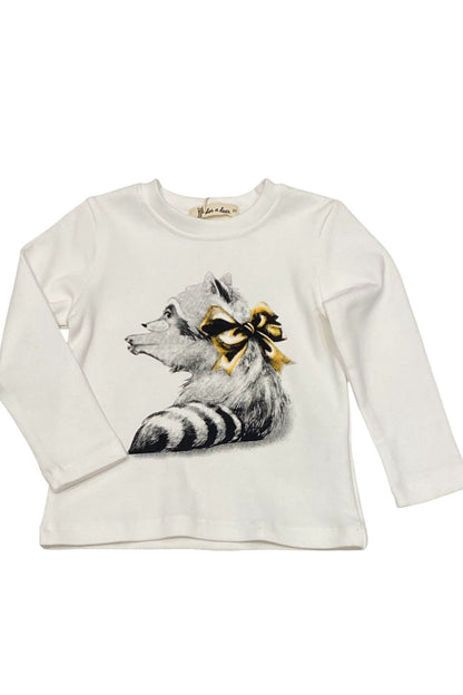 White long-sleeve shirt with raccoon graphic and bow on a white background