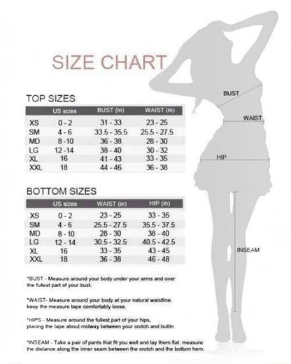 Size chart for clothing with a silhouette of a person and measurement instructions.