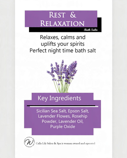 Calla Lily Cosmetics + CL kids Rest and Relaxation bath salts label featuring lavender buds and ingredient list