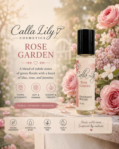 Calla Lily Cosmetics Rose Garden fragrance roller with floral background
