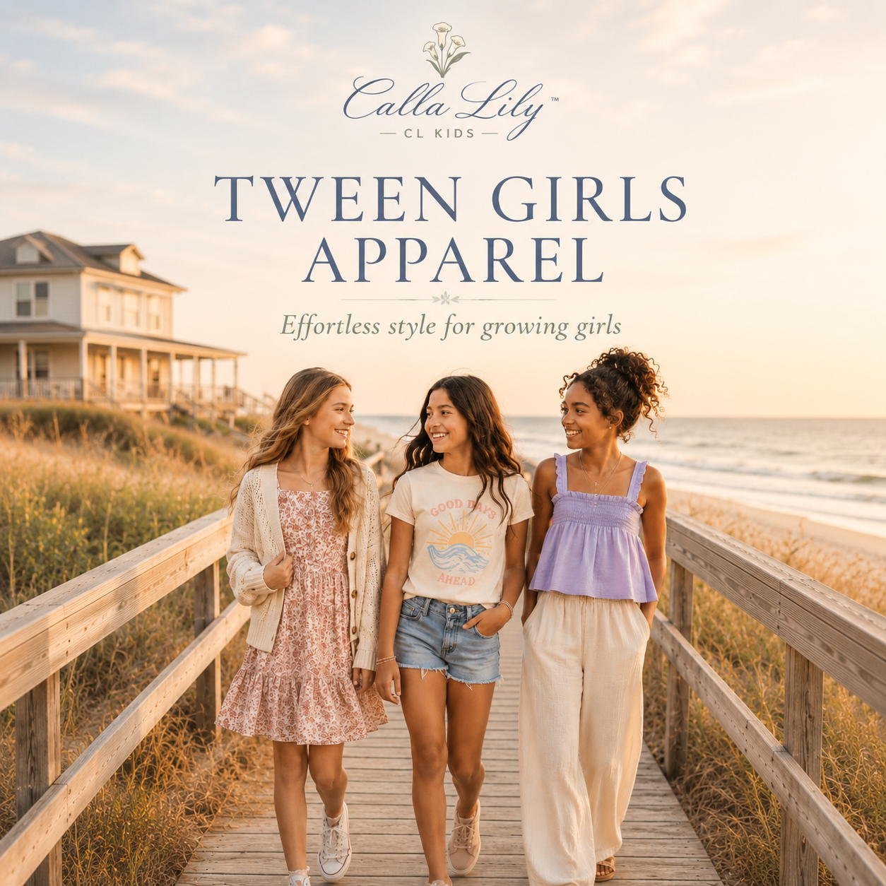 Three young girls walking on a wooden boardwalk by the beach with 'Calla Lily' branding.