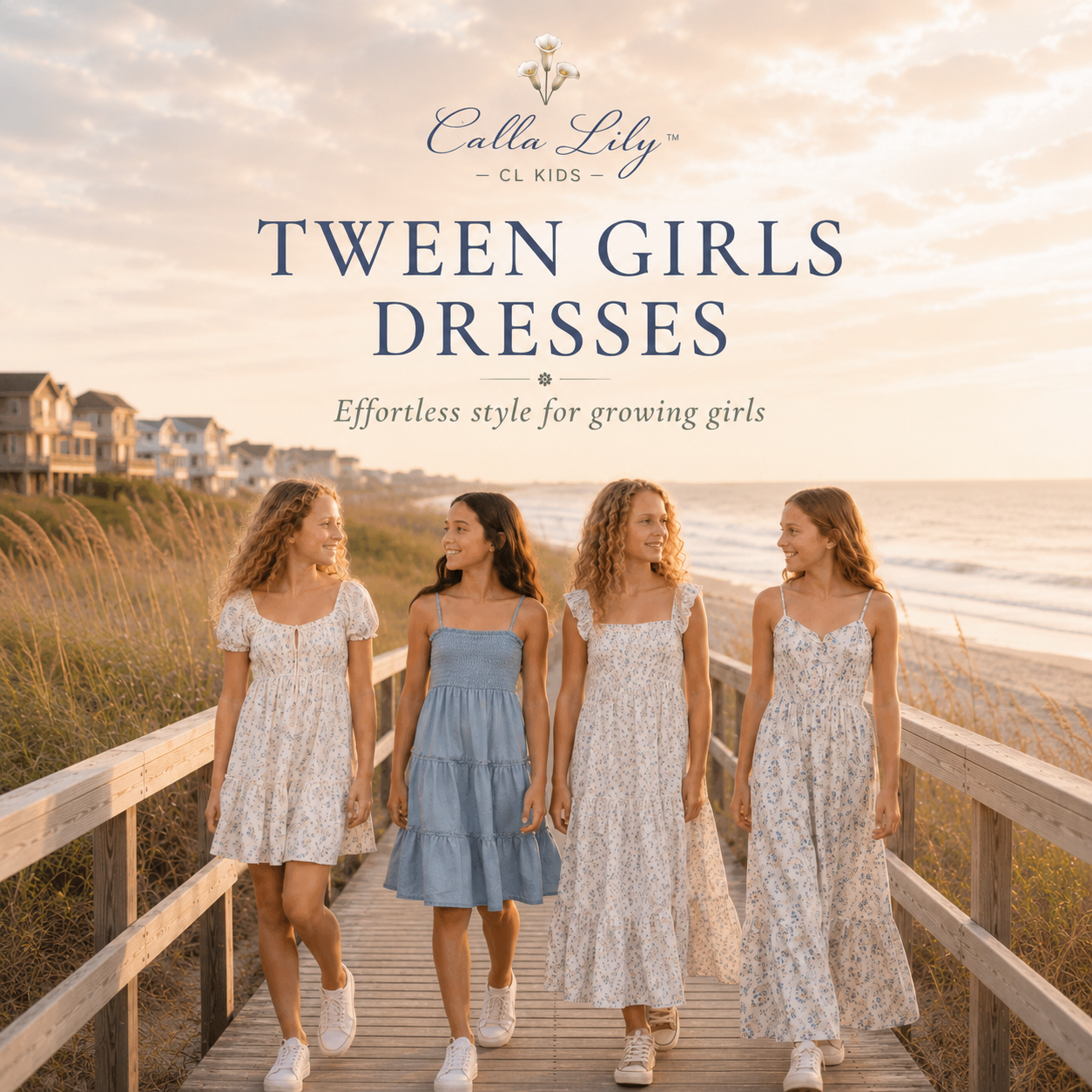 Four girls in dresses walking on a wooden boardwalk by the beach, with 'Calla Lily' branding.