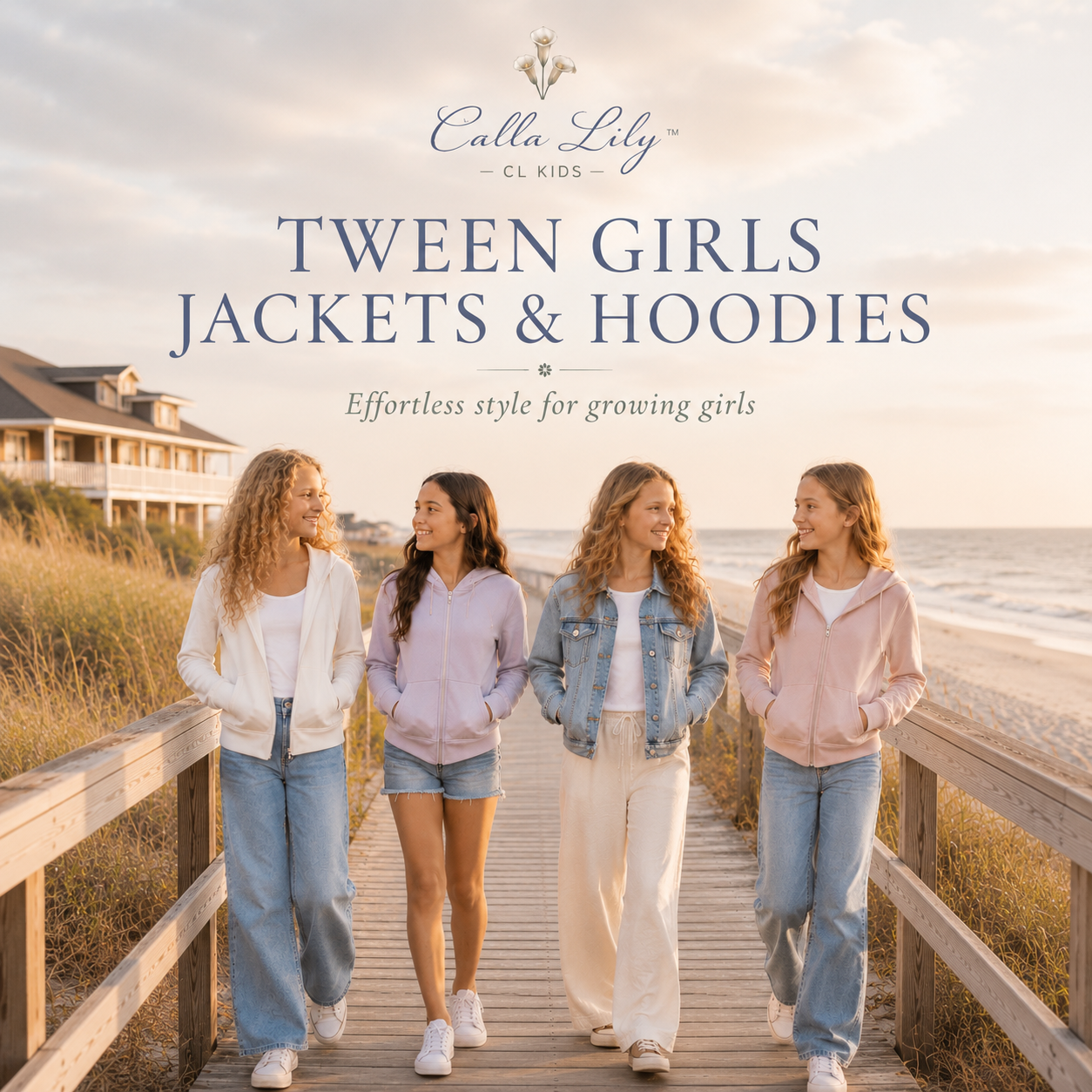 Four girls walking on a wooden boardwalk by the beach, with Calla Lily branding for Tween Girls Jackets & Hoodies.