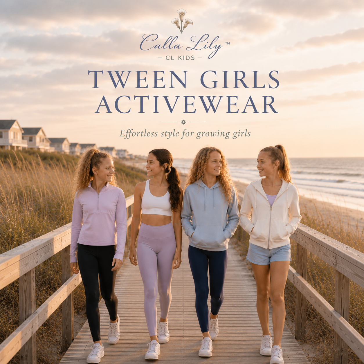 Four girls walking on a wooden boardwalk by the ocean, promoting Calla Lily Tween Girls Activewear.