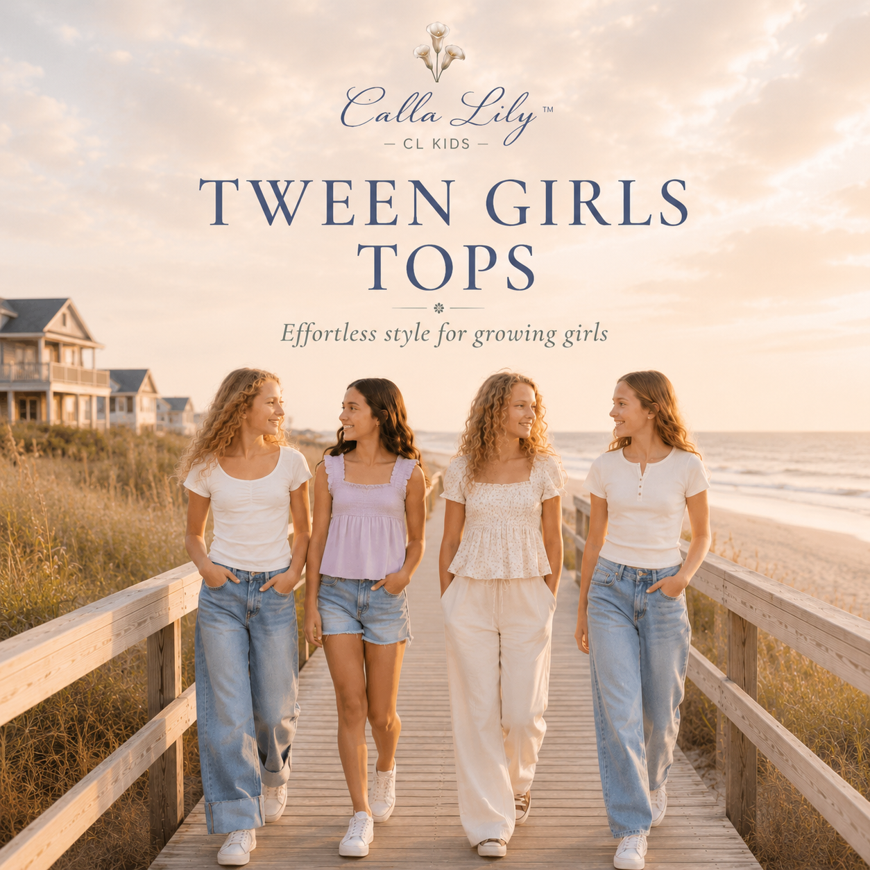 Four girls walking on a wooden boardwalk by the beach with 'Calla Lily' branding.