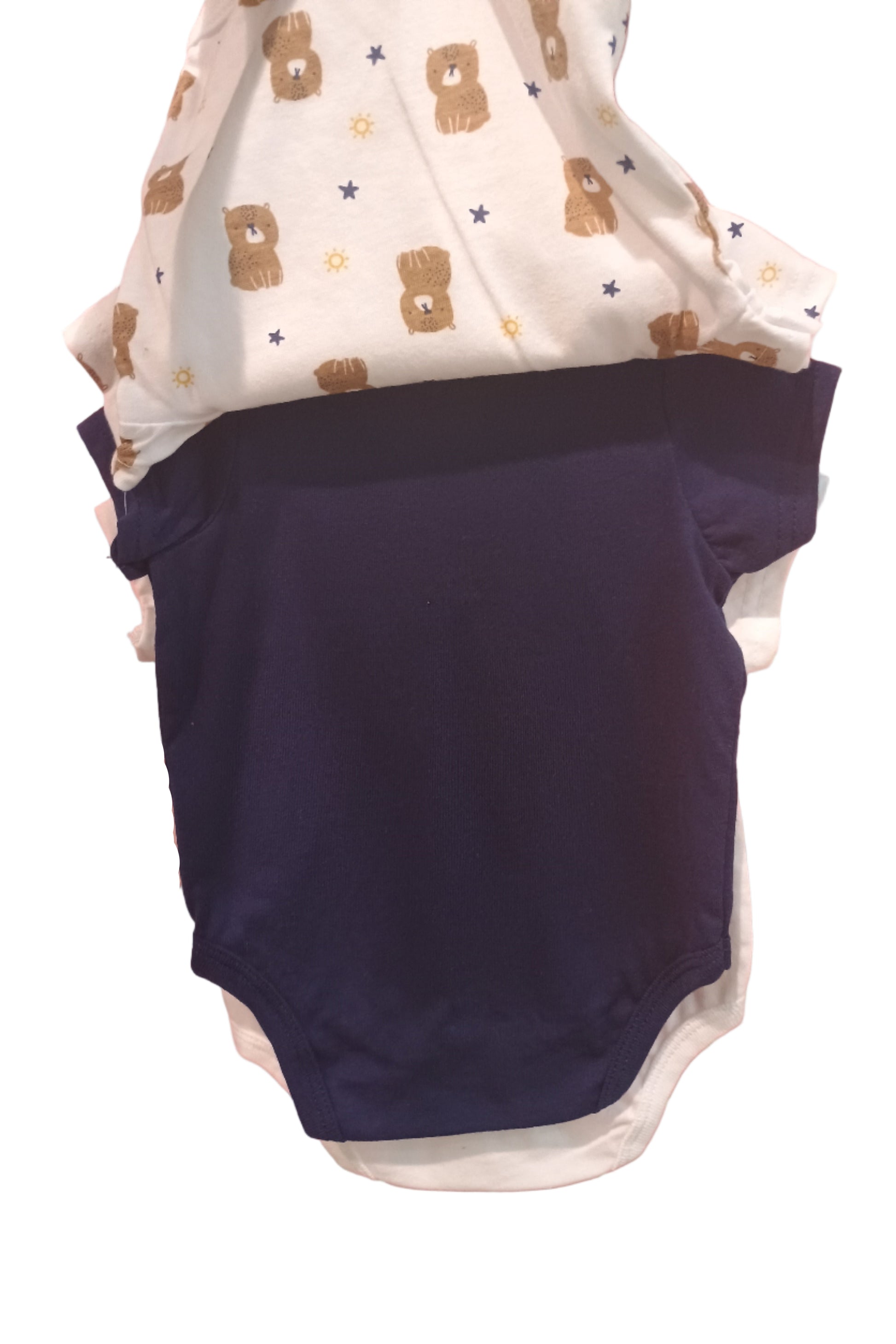 Navy blue onesie on a white background.