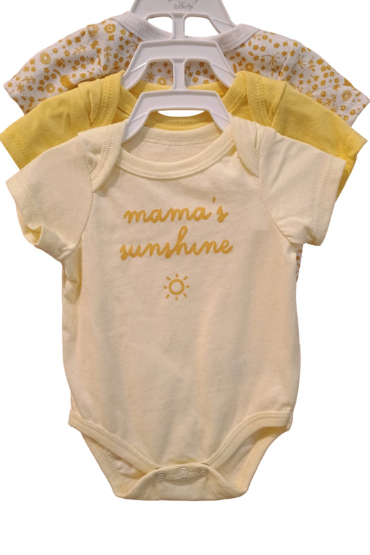 Yellow baby onesie with 'mama's sunshine' text on a white background