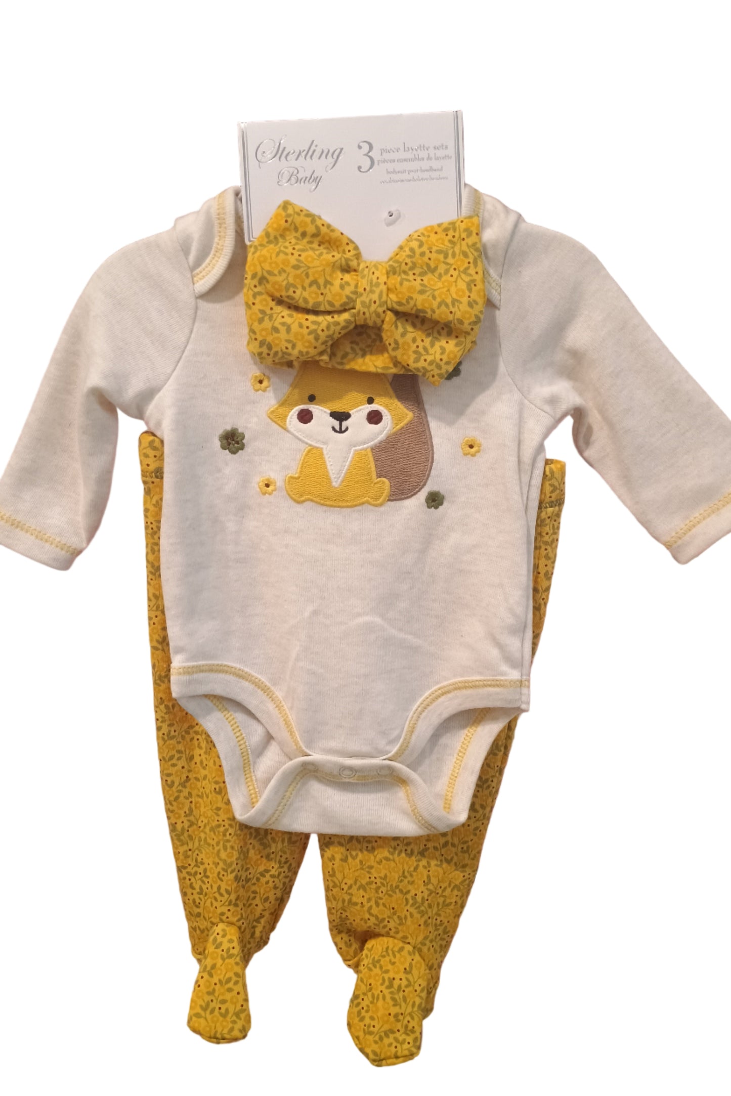 Baby outfit with yellow and white design on a white background