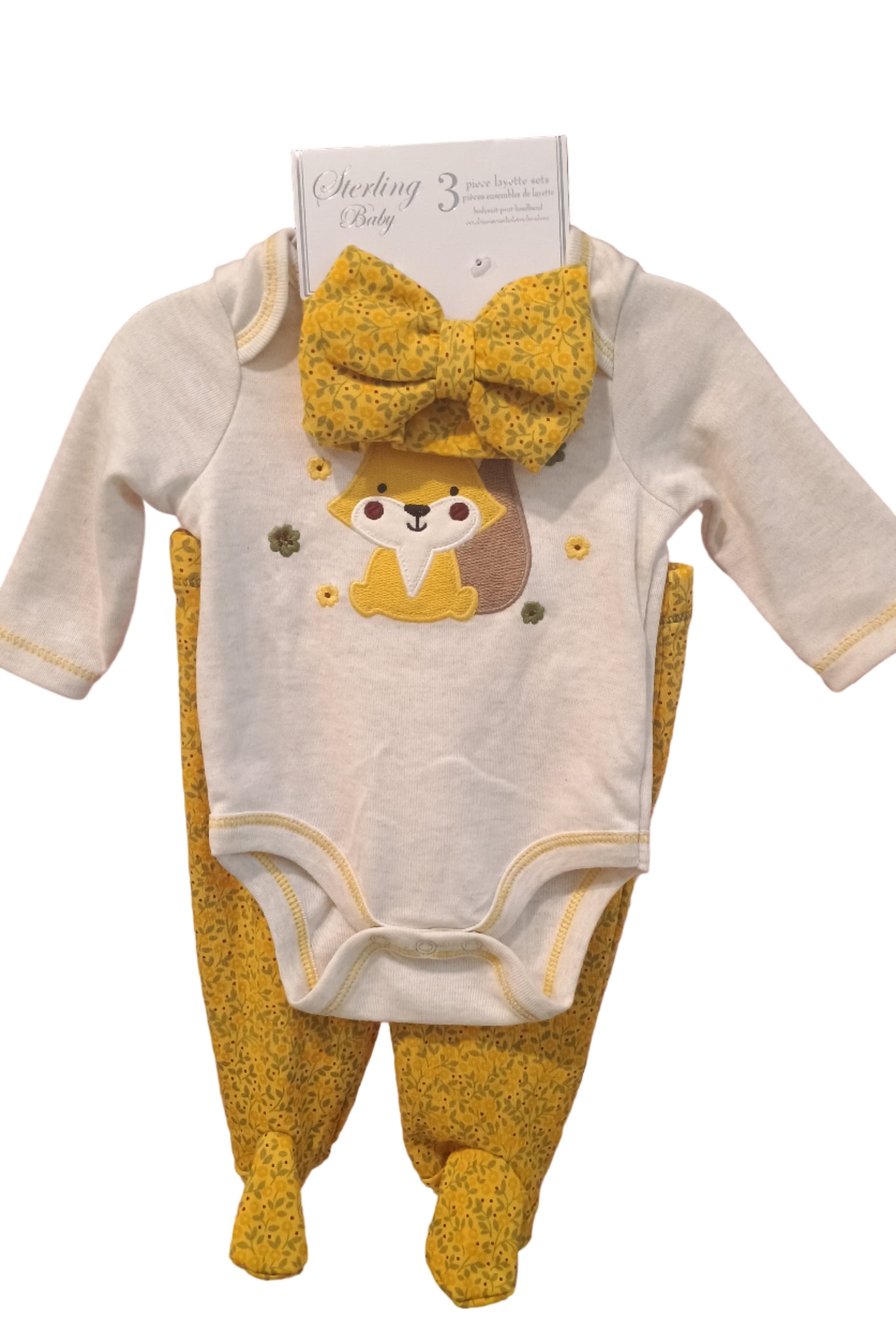 Baby outfit with yellow and white design on a white background