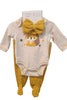 Baby outfit with yellow and white design on a white background