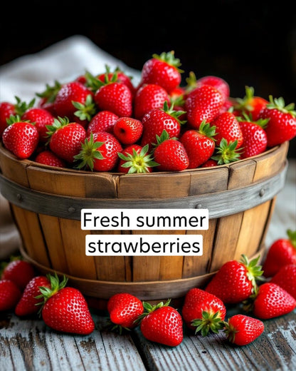 Wooden basket filled with fresh strawberries with a label 'Fresh summer strawberries'.
