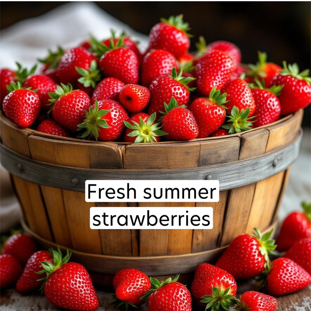 Wooden basket filled with fresh strawberries with a label 'Fresh summer strawberries'.
