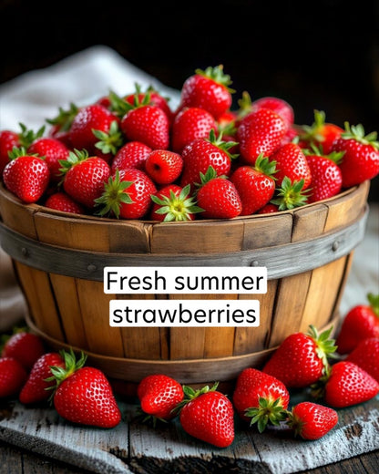 Wooden basket filled with fresh strawberries with a label 'Fresh summer strawberries'.