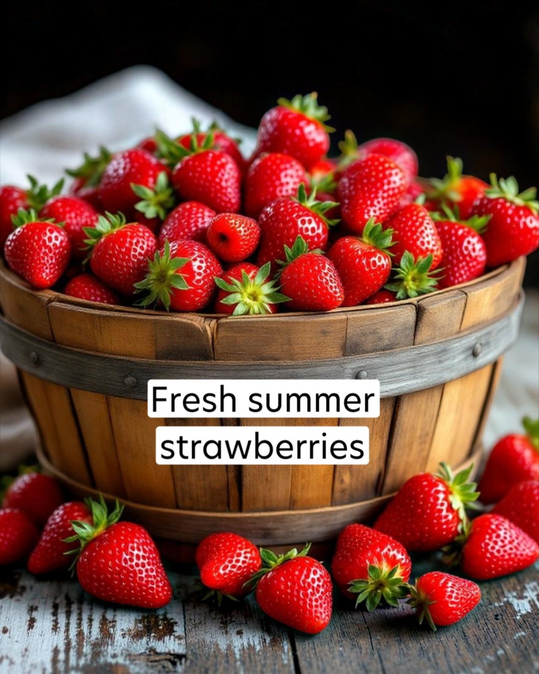 Wooden basket filled with fresh strawberries with a label 'Fresh summer strawberries'.