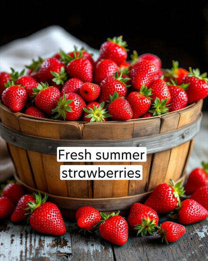 Wooden basket filled with fresh strawberries with a label 'Fresh summer strawberries'.