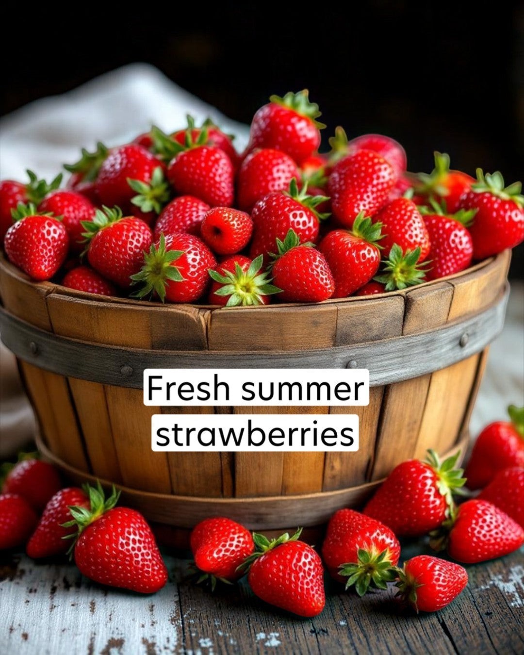 Wooden basket filled with fresh strawberries with a label 'Fresh summer strawberries'.