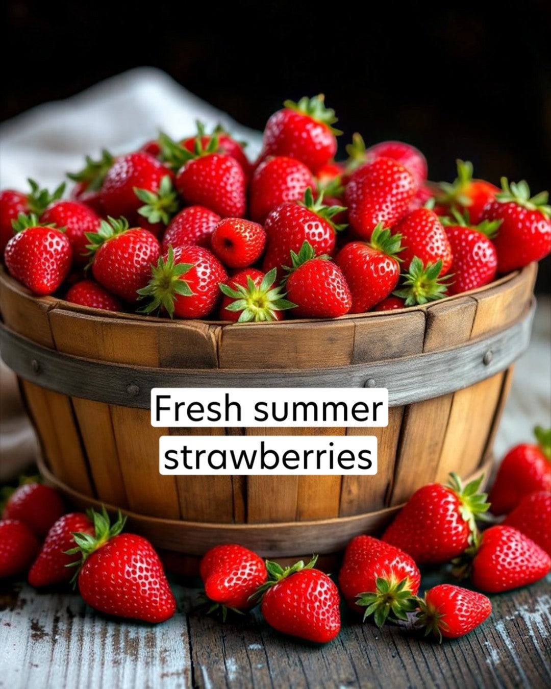 Wooden basket filled with fresh strawberries with a label 'Fresh summer strawberries'.