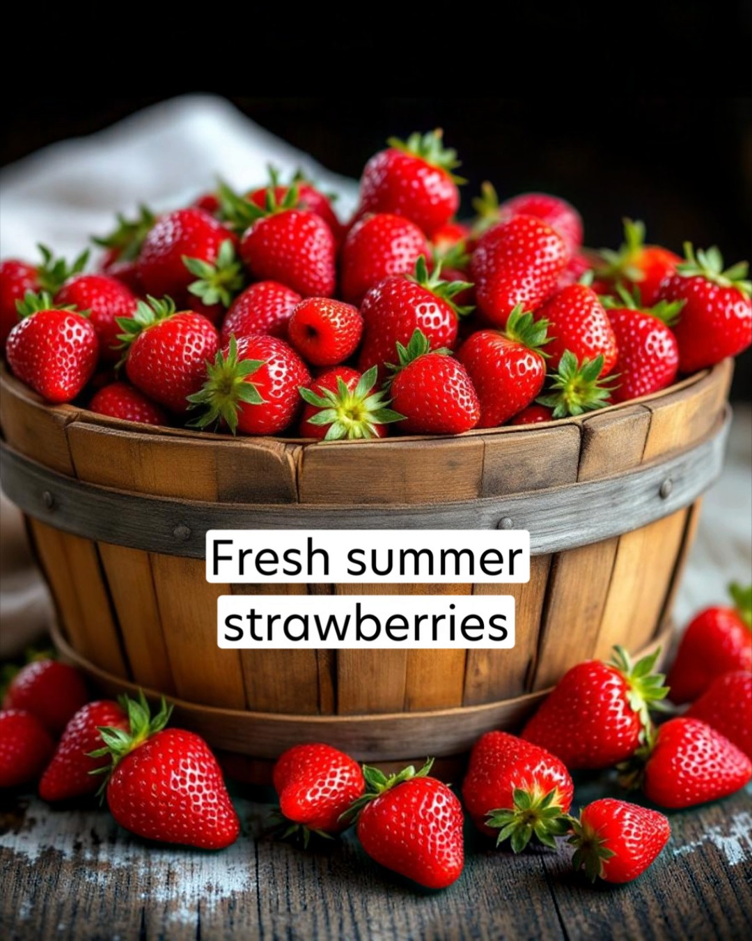 Wooden basket filled with fresh strawberries with a label 'Fresh summer strawberries'.