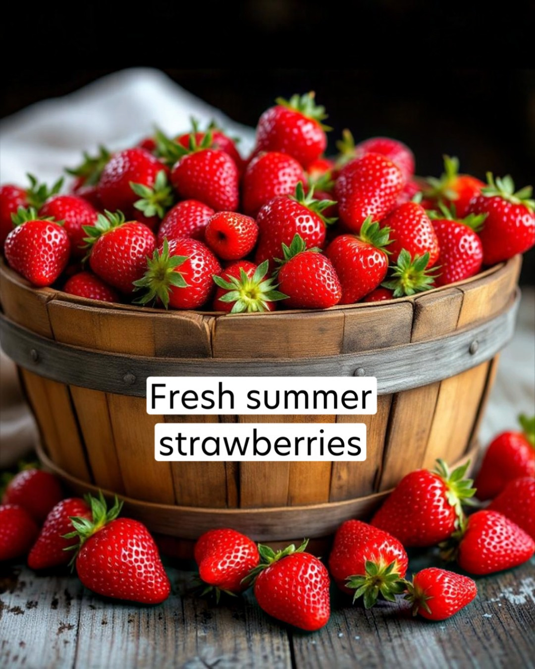 Wooden basket filled with fresh strawberries with a label 'Fresh summer strawberries'.