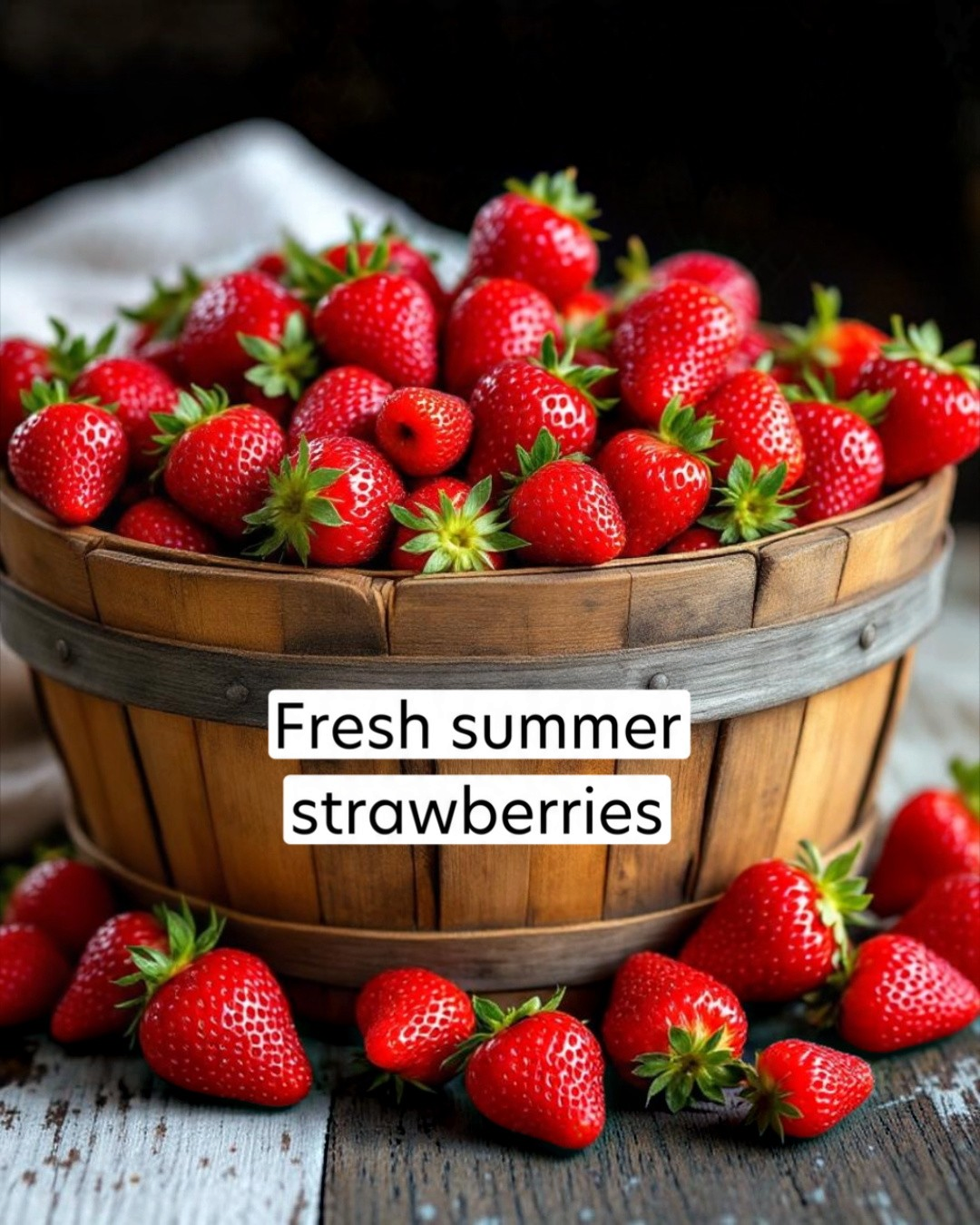 Wooden basket filled with fresh strawberries with a label 'Fresh summer strawberries'.