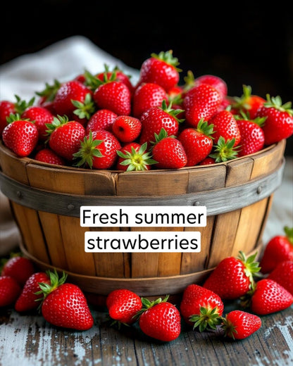 Wooden basket filled with fresh strawberries with a label 'Fresh summer strawberries'.