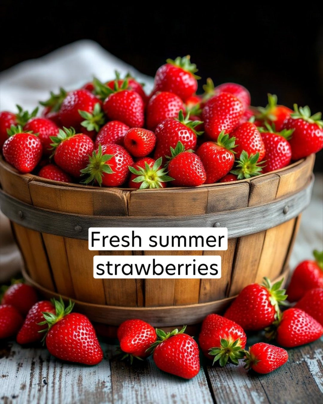 Wooden basket filled with fresh strawberries with a label 'Fresh summer strawberries'.