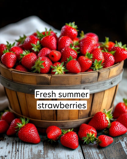 Wooden basket filled with fresh strawberries with a label 'Fresh summer strawberries'.