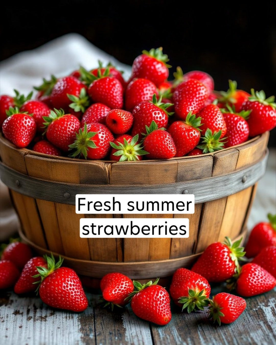 Wooden basket filled with fresh strawberries with a label 'Fresh summer strawberries'.