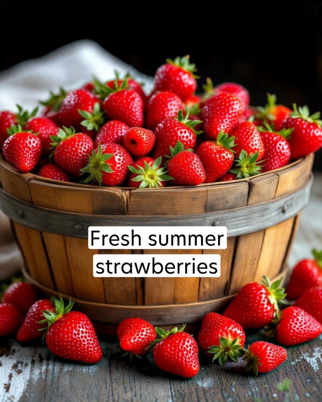 Wooden basket filled with fresh strawberries with a label 'Fresh summer strawberries'.