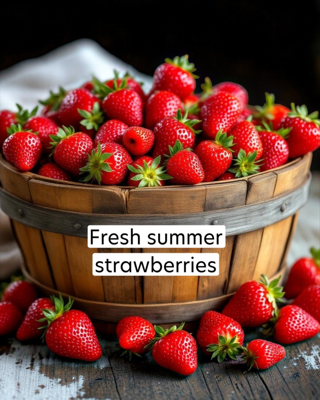 Wooden basket filled with fresh strawberries with a label 'Fresh summer strawberries'.