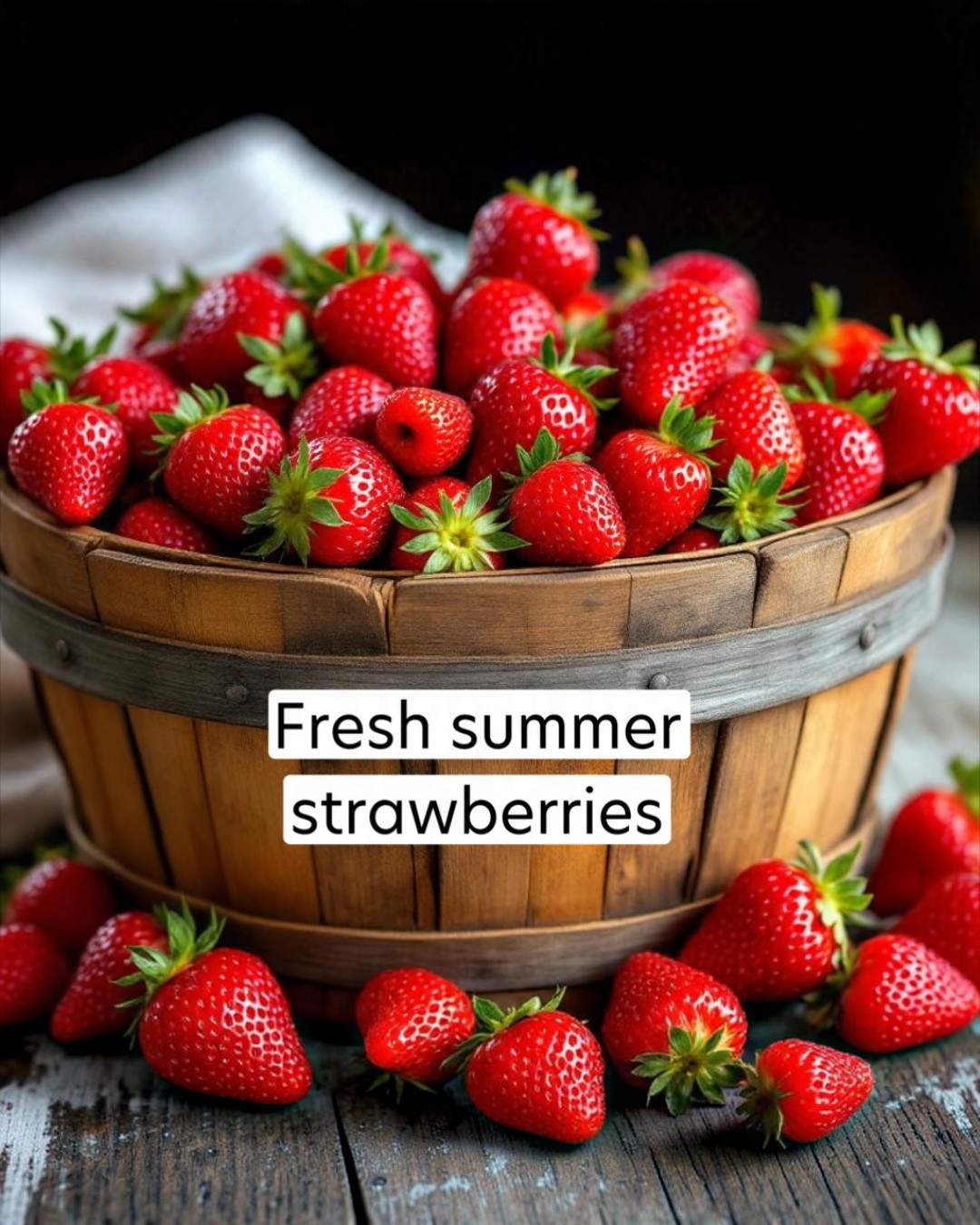 Wooden basket filled with fresh strawberries with a label 'Fresh summer strawberries'.