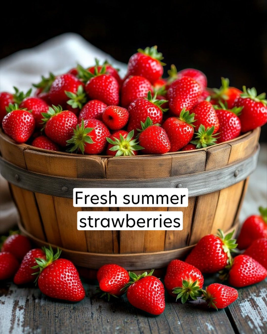 Wooden basket filled with fresh strawberries with a label 'Fresh summer strawberries'.