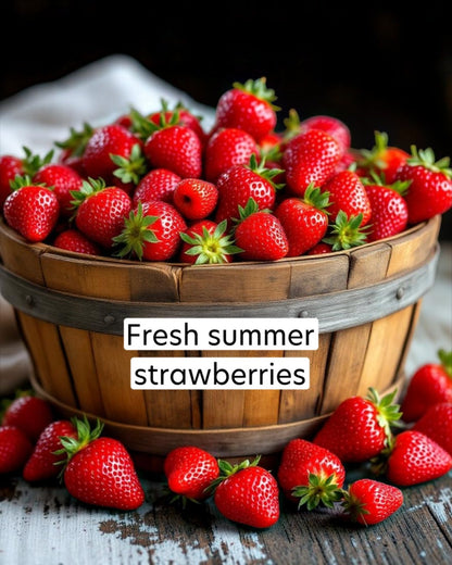 Wooden basket filled with fresh strawberries with a label 'Fresh summer strawberries'.