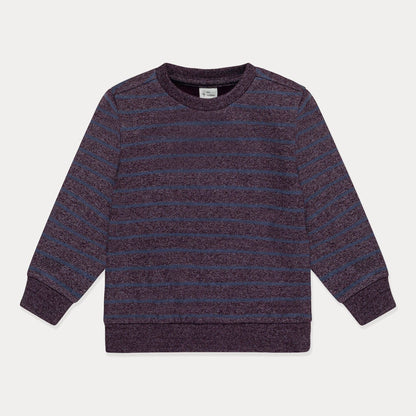 Striped sweater with purple and blue horizontal stripes on a light gray background