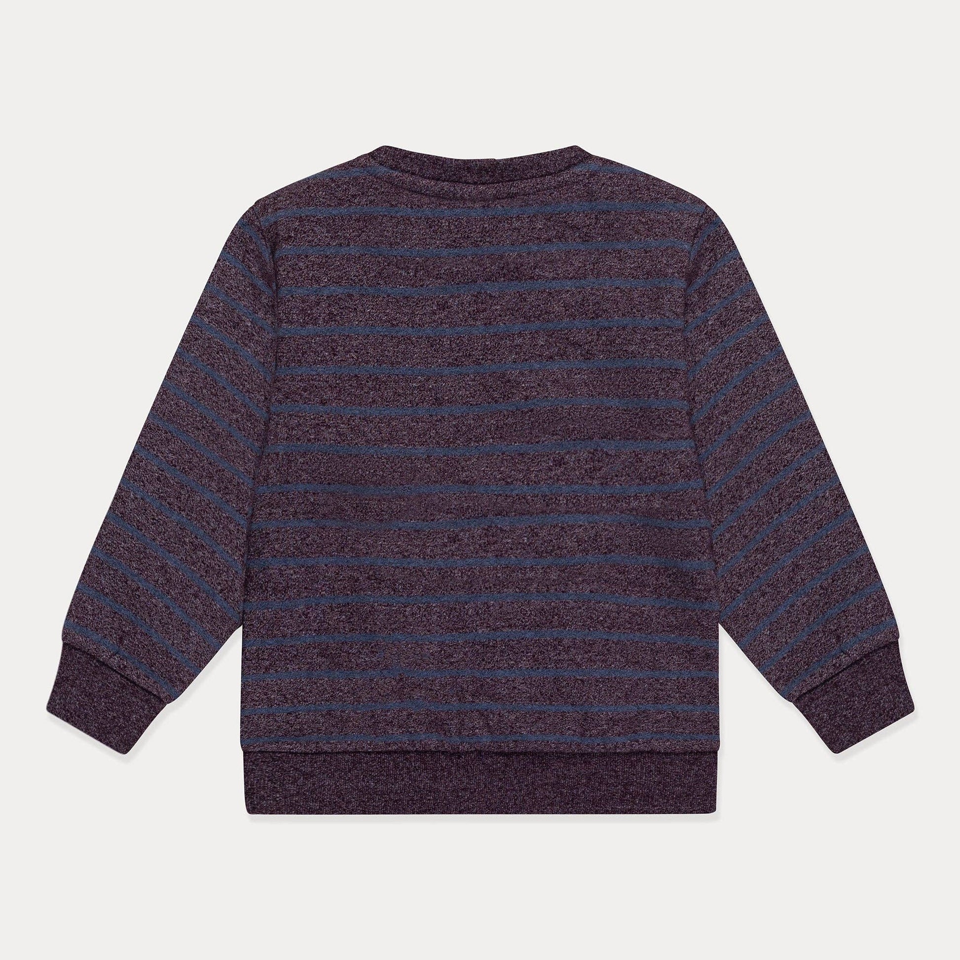 Back view of a striped sweater on a light gray background