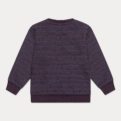 Back view of a striped sweater on a light gray background