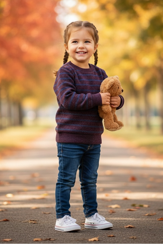 little girl wearng a purple and blue striped sweater holding a teddy bear