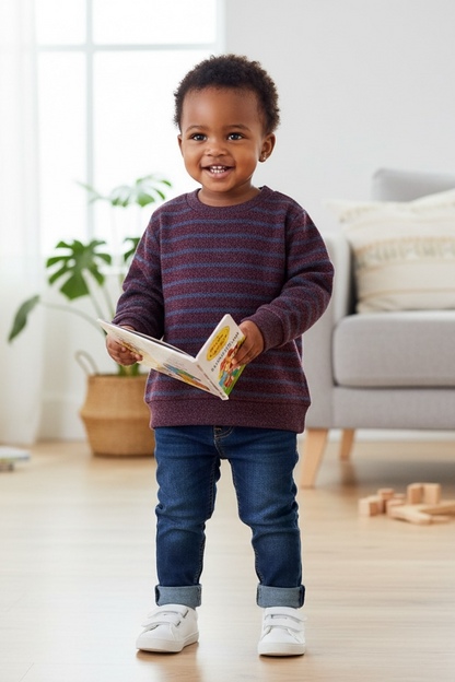 Child holding a book in a living room