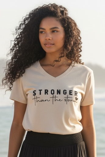 Woman standing on a beach wearing a beige t-shirt with text and a black skirt.