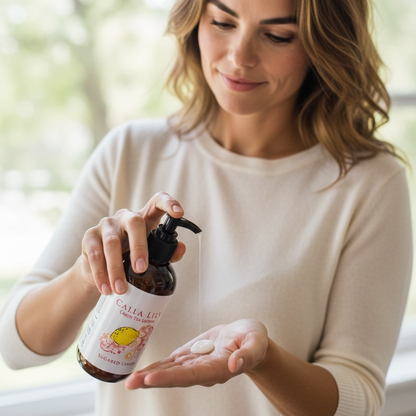 Woman holding a bottle of baby powder and a powder in her hand, with a blurred background.