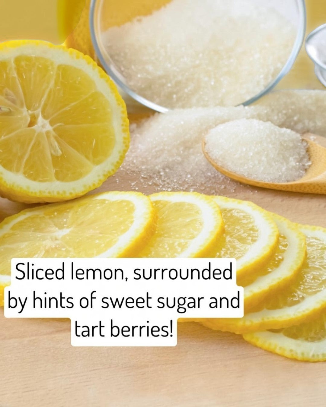 Sliced lemons on a wooden surface with sugar and text overlay.