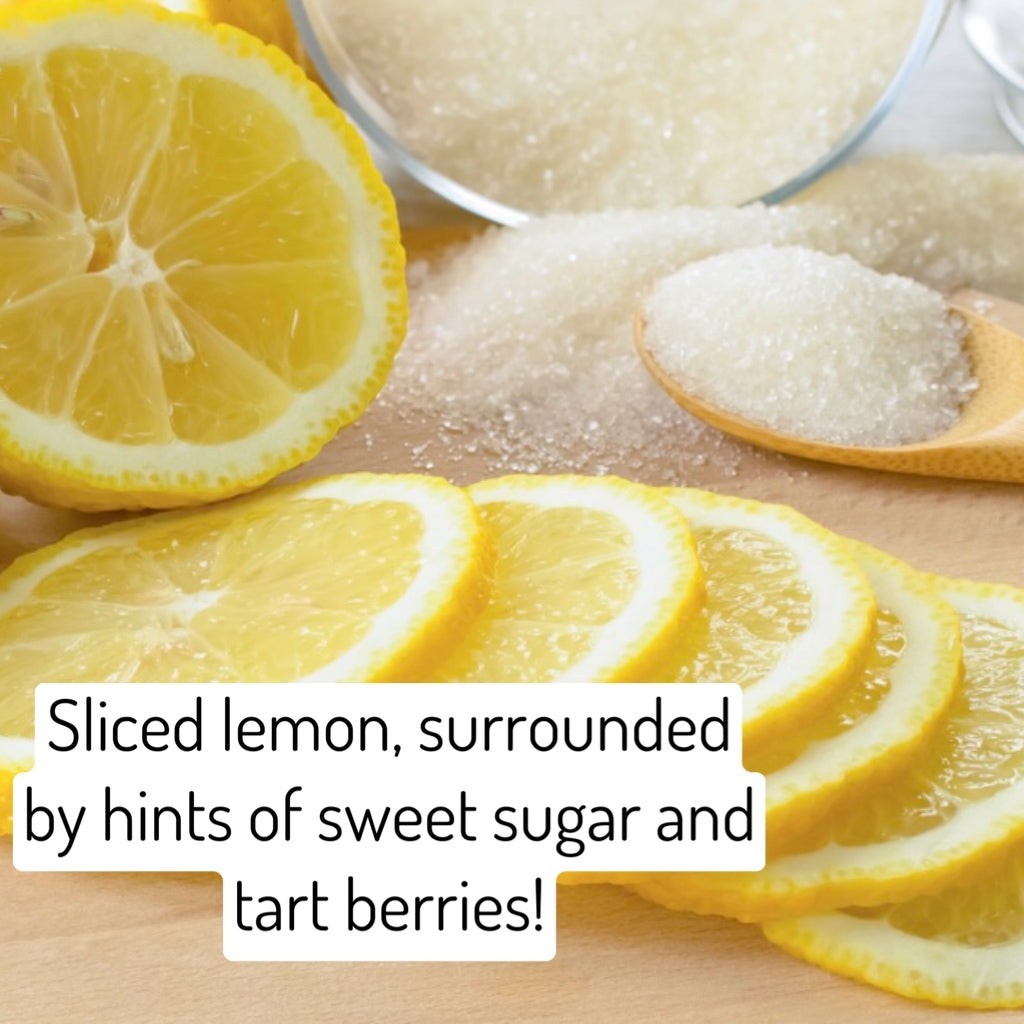 Sliced lemons on a wooden surface with sugar and text overlay.
