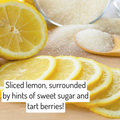 Sliced lemons on a wooden surface with sugar and text overlay.