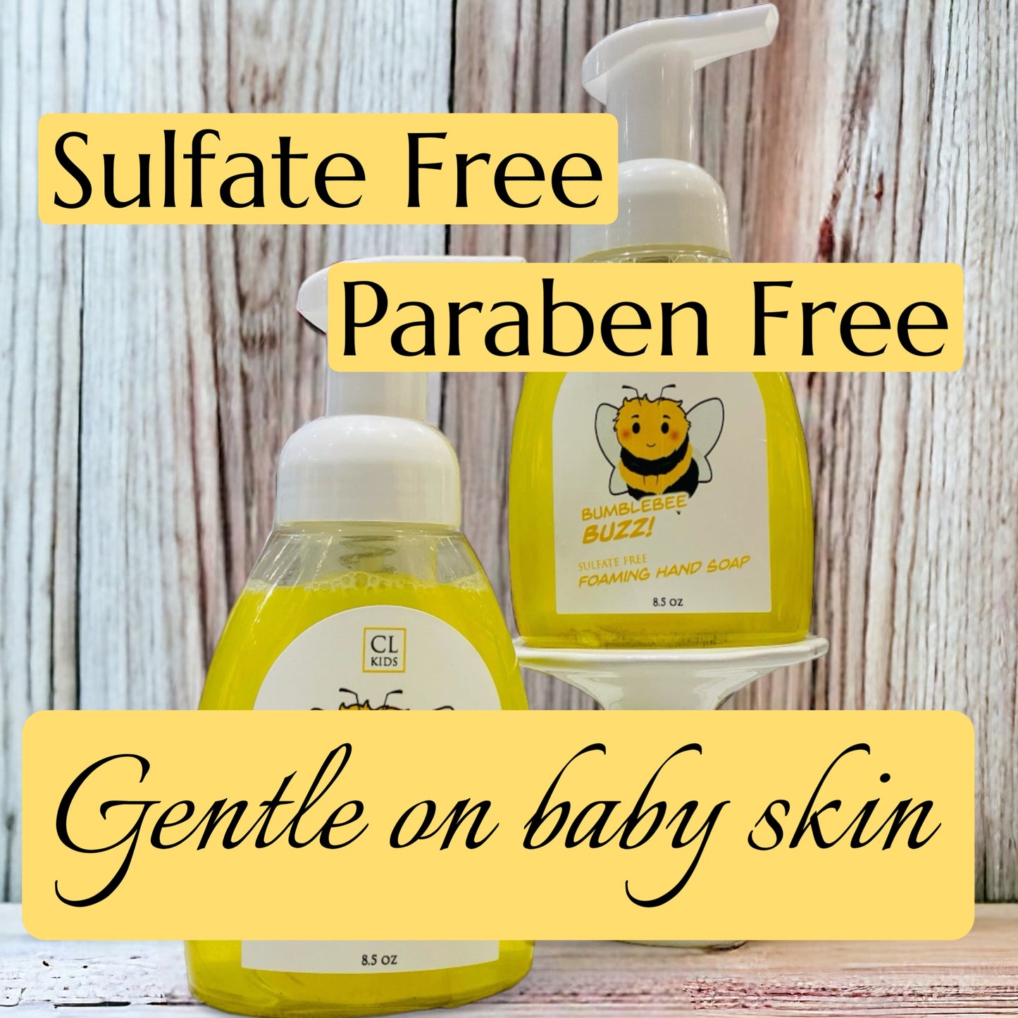 Two bottles of hand soap with a wooden background and text highlighting sulfate-free, paraben-free, and gentle on baby skin properties.