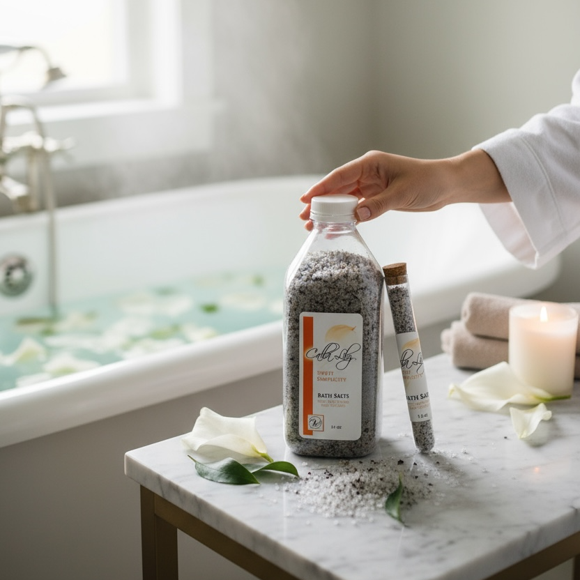 Person holding a bottle of bath salts on a marble surface with a bathtub in the background