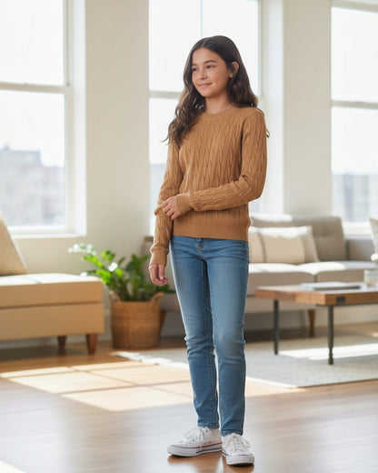 Woman wearing a brown sweater and blue jeans standing in a bright living room.