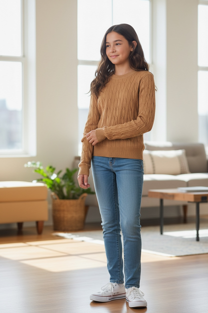 Woman wearing a brown sweater and blue jeans standing in a bright living room.