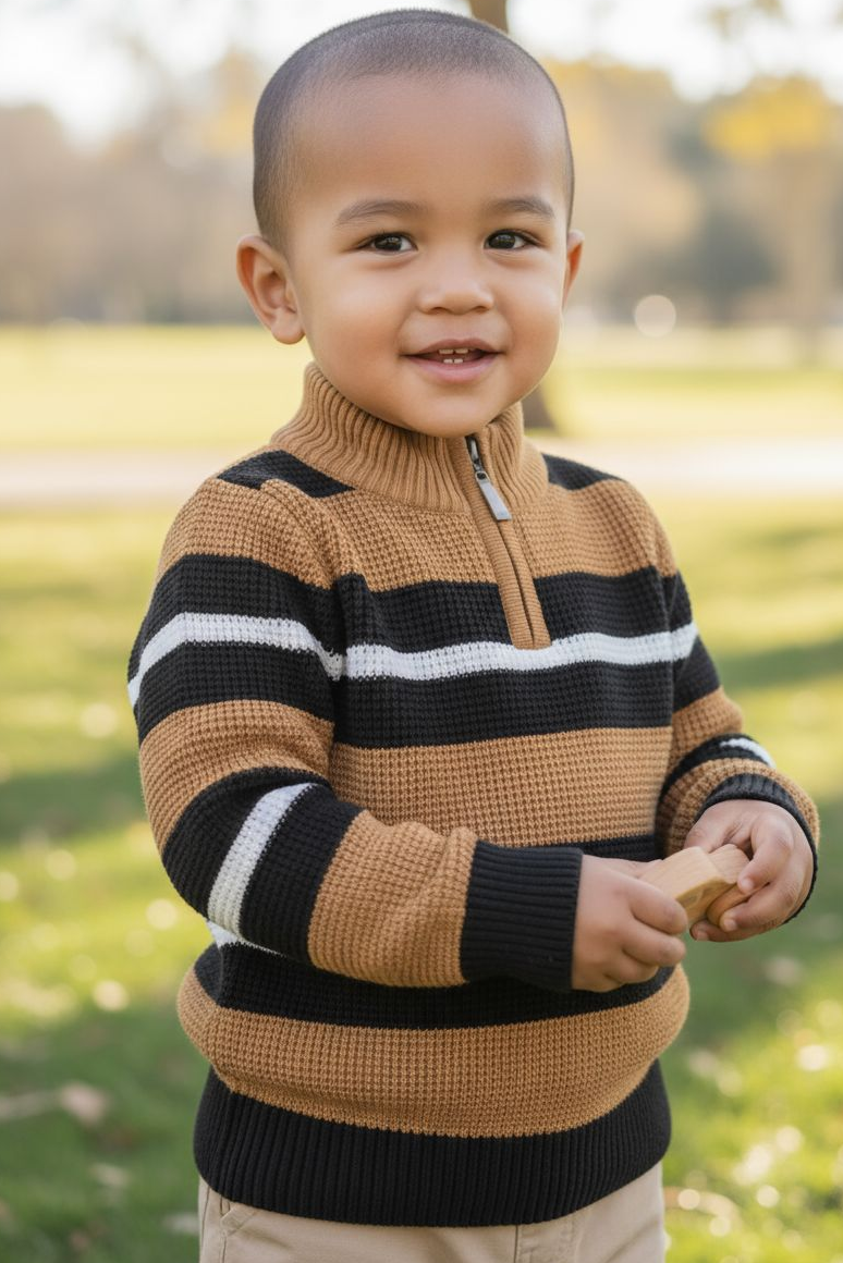 Child wearing a striped sweater outdoors in a park